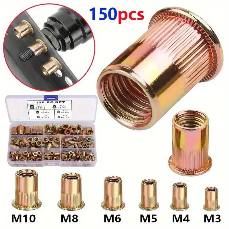 RivetMaster™ – Комплект от 150 броя резбови нитови гайки с плоска глава M3 M4 M5 M6 M8