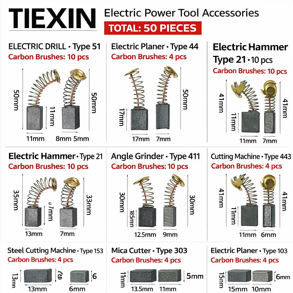 Tiexin™ – Комплект въгленови четки за електроинструменти (50 броя)