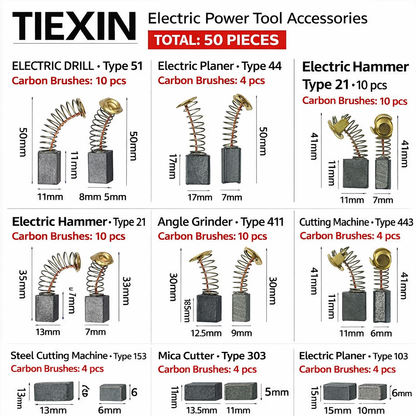 Tiexin™ – Комплект въгленови четки за електроинструменти (50 броя)