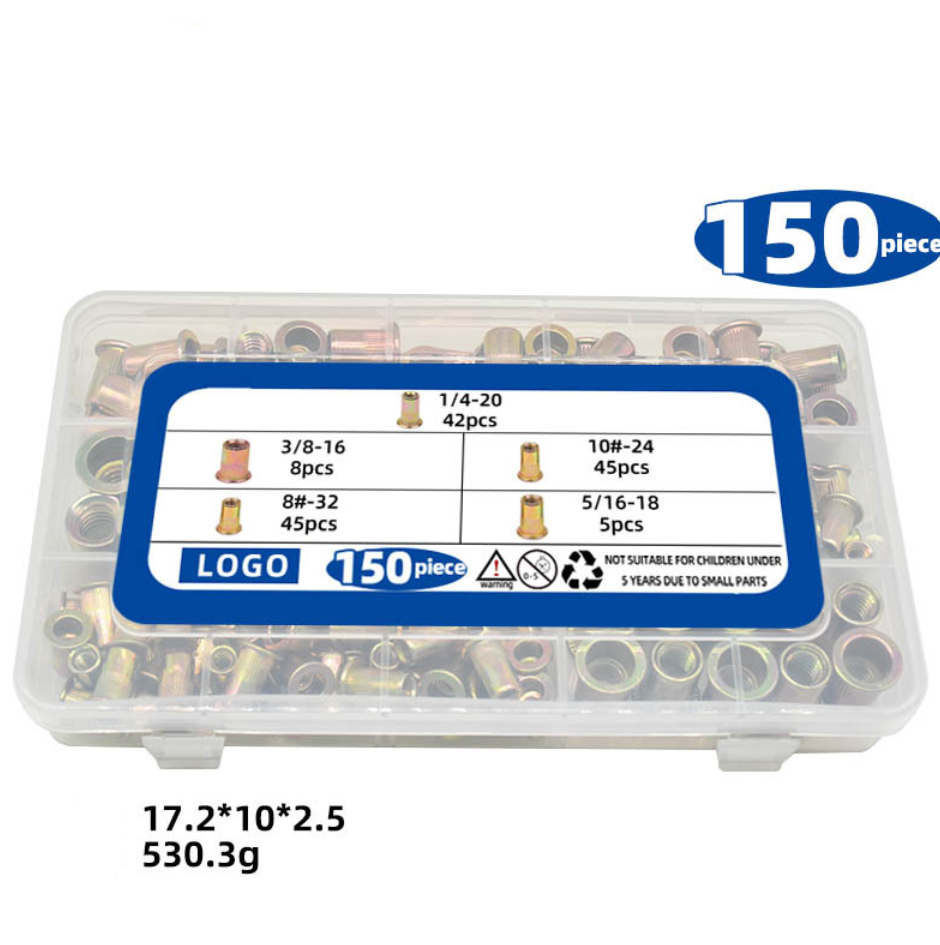 RivetMaster™ – Комплект от 150 броя резбови нитови гайки с плоска глава M3 M4 M5 M6 M8