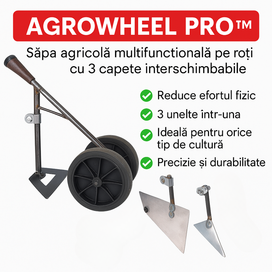 AgroWheel Pro™ – Многофункционална градинска мотика на колела с 3 сменяеми приставки