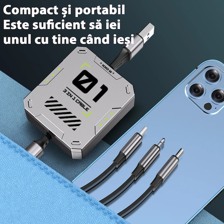 Прибиращ се кабел 3 в 1 [120 см], бързо зареждане 100 W